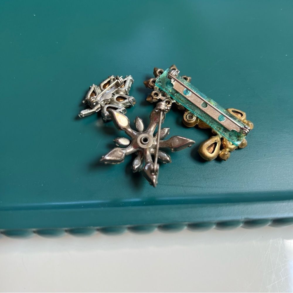 Vintage 3 Piece MCM 1950s 1960s Atomic Era Aqua Pink Crystal Brooch Pins Lot - Picture 7 of 9